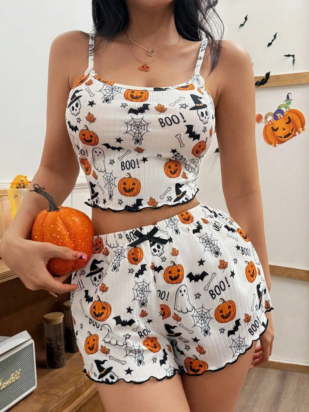 Halloween Pumpkin Print Pajama Set Women Cute Ribbed Crop Top and Shorts Two Piece Sleepwear Lettuce Hem Y2K Loungewear