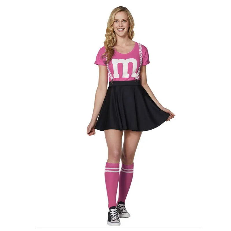Women's M&M's Costume Adult M Halloween Team Costumes Womens T-shirt Black Skirt Stocking Set For Funny Party