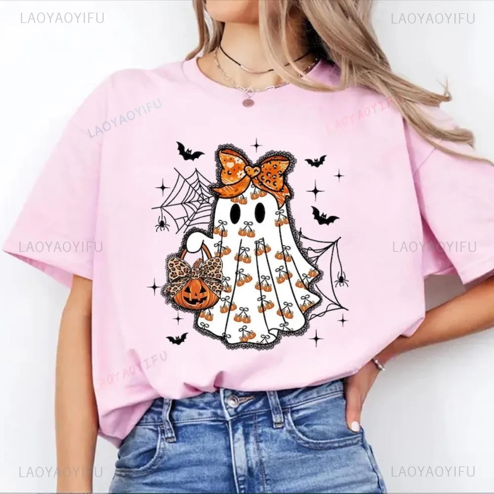 Cute Ghost Halloween Shirt Pumpkin Bow Spooky Season Tee Fall Aesthetic Pumpkin T-Shirt Women Aesthetic Clothes Short-sleeve