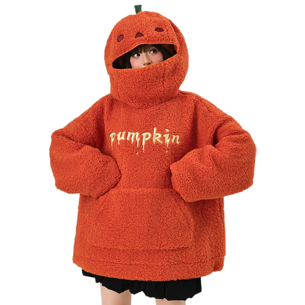 Women's Halloween Pumpkin Shaped Hoodie Autumn Round Neck Hooded Sweatshirt Double-Faced Fleece Cute Halloween Sweater Tops