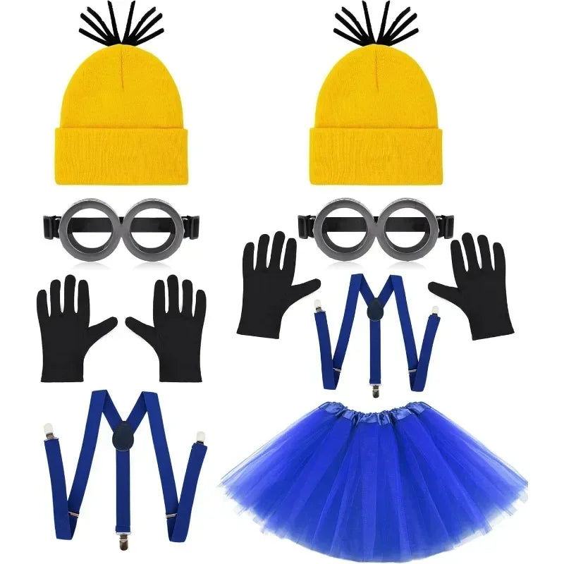 Disfraz disguise Funny Halloween Costume Accessories Adult Couples,Goggles Glasses/Yellow Beanie/Gloves for Men Women Cosplay Party Set