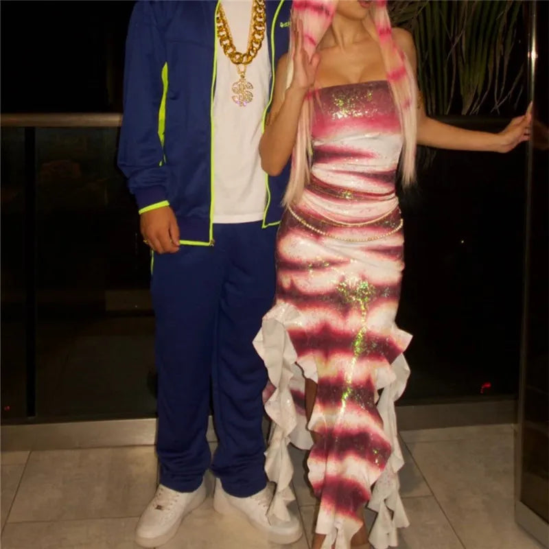 Halloween Shark Tale Costume for Adults Oscar and Lola Couple Costume Halloween Women Sparkle Ruffle Hem Strapless Fish Cosplay
