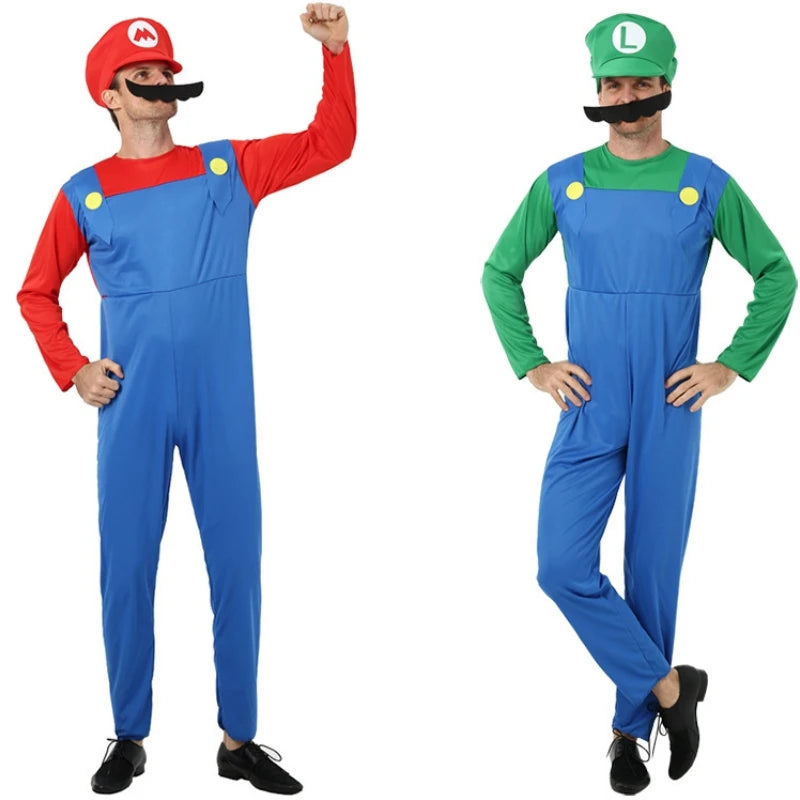 Halloween Couples Cosplay Costume for Adults Super Luigi Bros Overall Set with Hat Game Character Jump Suit for Christmas Party Stage Pe
