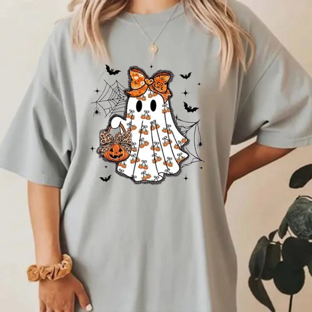 Cute Ghost Halloween Shirt Pumpkin Bow Spooky Season Tee Fall Aesthetic Pumpkin T-Shirt Women Aesthetic Clothes Short-sleeve