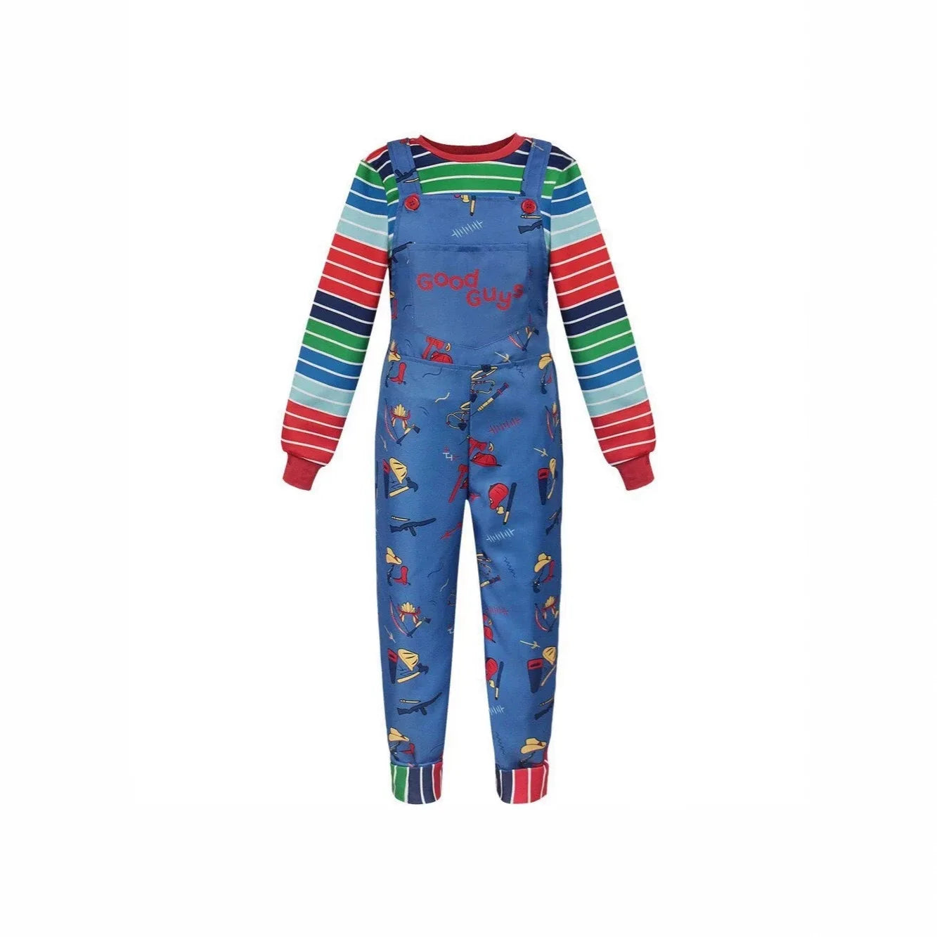 Horror Movie Doll Costume Adults Colorful Striped Top Overalls Dress Costume Retro Scary Toy Themed Outfit for Halloween Party