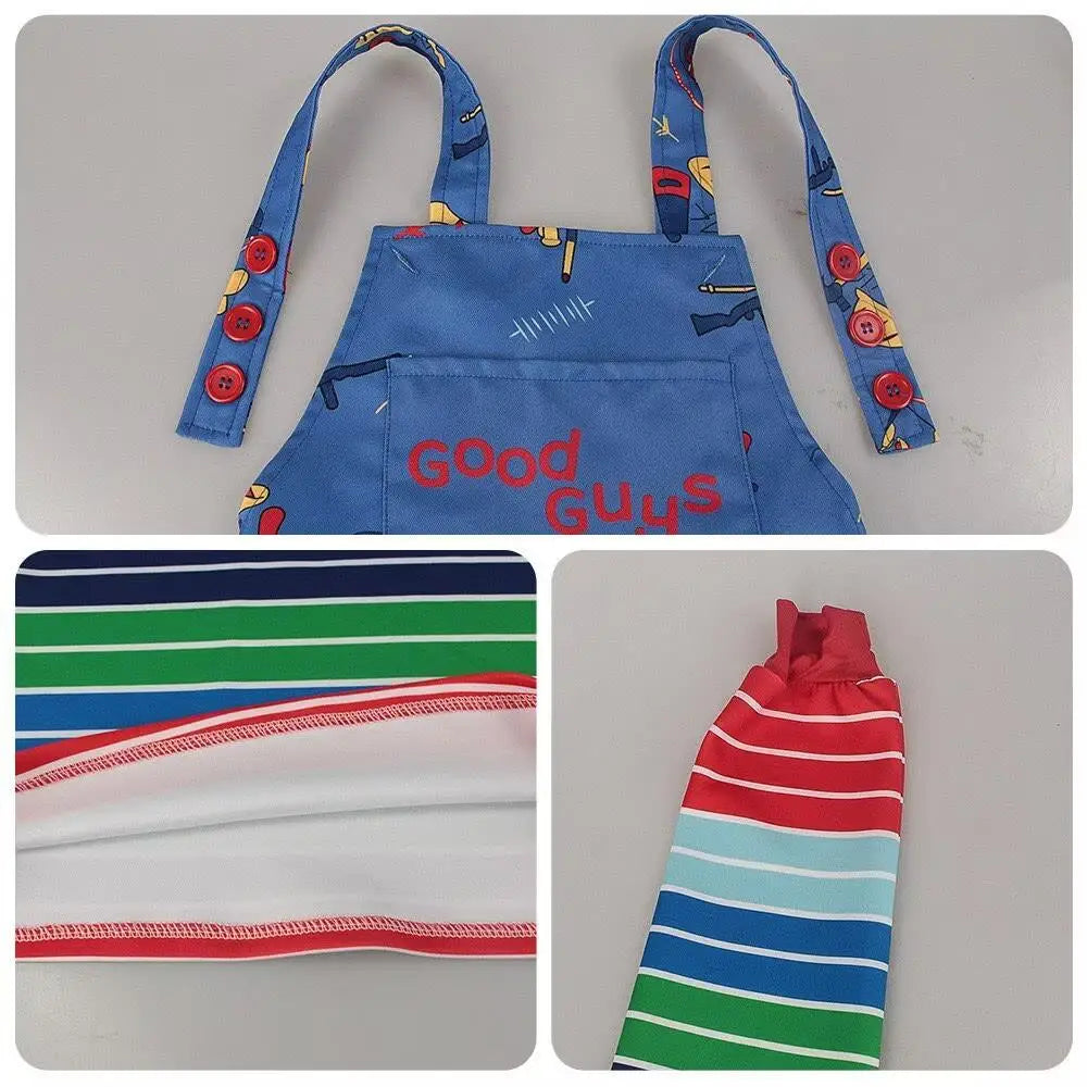 Horror Movie Doll Costume Adults Colorful Striped Top Overalls Dress Costume Retro Scary Toy Themed Outfit for Halloween Party