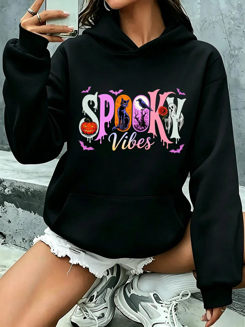 Spooky Vibes Halloween Design Men Women Hoodies Sweatshirt Pumpkin Black Cat Ghost Crow Bat Graphic Kawaii Hoodies Free Shipping