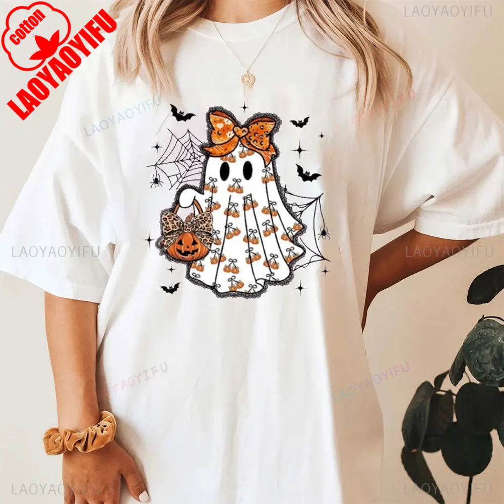 Cute Ghost Halloween Shirt Pumpkin Bow Spooky Season Tee Fall Aesthetic Pumpkin T-Shirt Women Aesthetic Clothes Short-sleeve