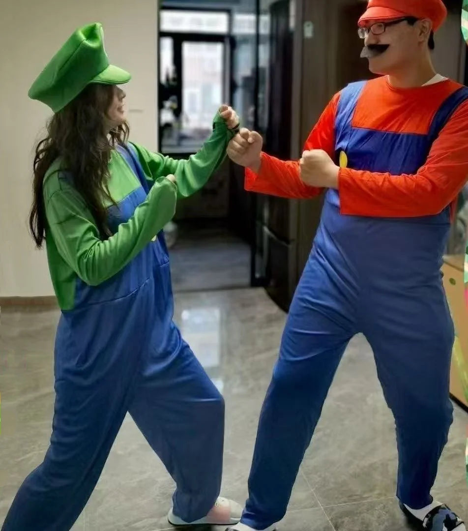 Halloween Couples Cosplay Costume for Adults Super Luigi Bros Overall Set with Hat Game Character Jump Suit for Christmas Party Stage Pe