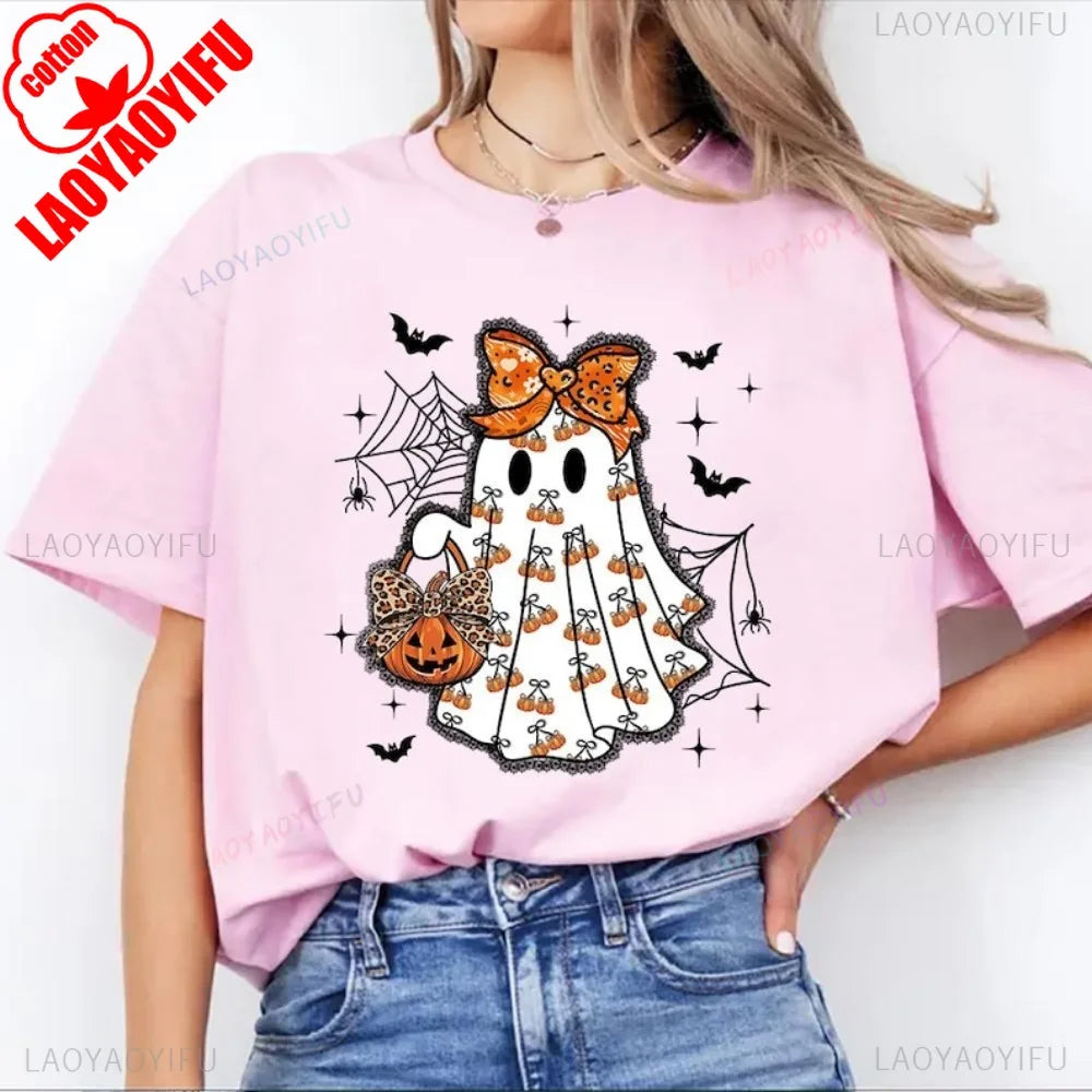 Cute Ghost Halloween Shirt Pumpkin Bow Spooky Season Tee Fall Aesthetic Pumpkin T-Shirt Women Aesthetic Clothes Short-sleeve