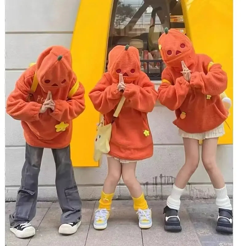 New Halloween Party Pumpkin Head Lamb Fleece Couple Style Y2k Oversized Hoodie Hooded Sweatshirt Embroidery Streetwear