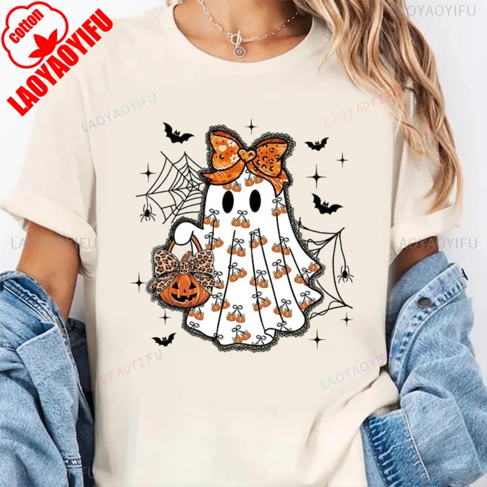Cute Ghost Halloween Shirt Pumpkin Bow Spooky Season Tee Fall Aesthetic Pumpkin T-Shirt Women Aesthetic Clothes Short-sleeve