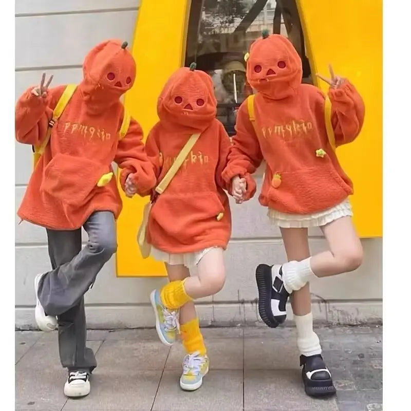 New Halloween Party Pumpkin Head Lamb Fleece Couple Style Y2k Oversized Hoodie Hooded Sweatshirt Embroidery Streetwear