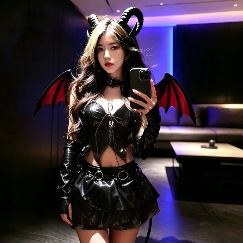 Women Sexy Lingerie Suit Halloween Stage Clothing Black Patent Leather Hollow Strap Little Devil Top Skirts Set Night Club Wear