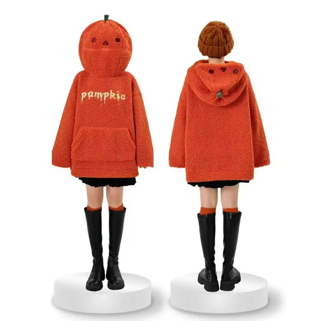 New Halloween Party Pumpkin Head Lamb Fleece Couple Style Y2k Oversized Hoodie Hooded Sweatshirt Embroidery Streetwear