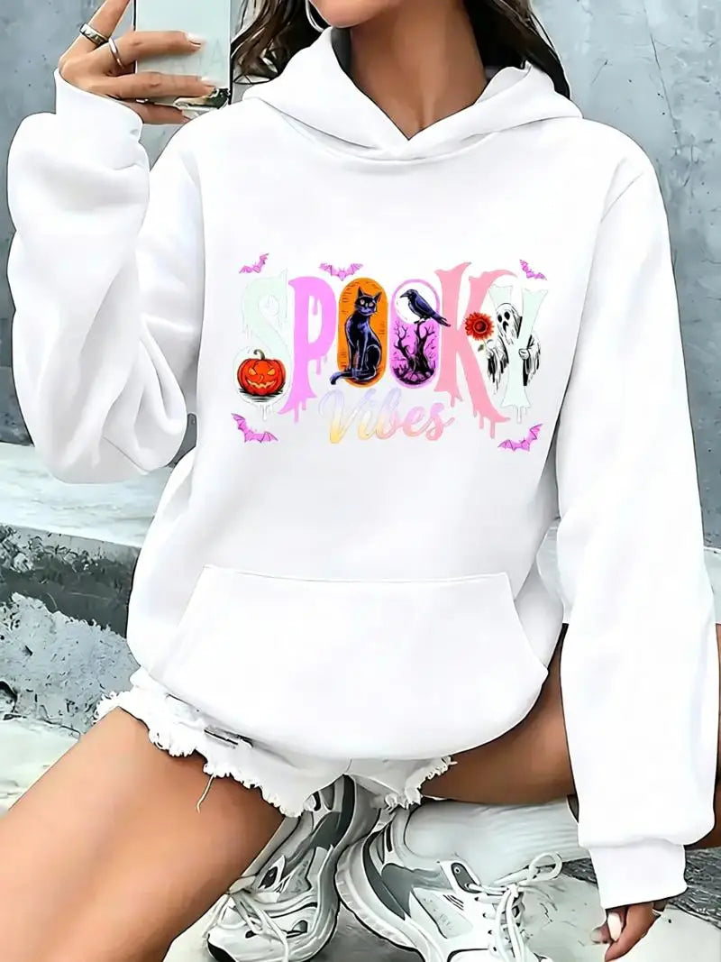 Spooky Vibes Halloween Design Men Women Hoodies Sweatshirt Pumpkin Black Cat Ghost Crow Bat Graphic Kawaii Hoodies Free Shipping