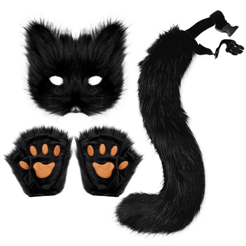 Foxes Mask+Tail +Gloves Set Halloween Cosplays Costume Accessorie Theme Party Dress Up Props Carnival Party Costumes Accessories