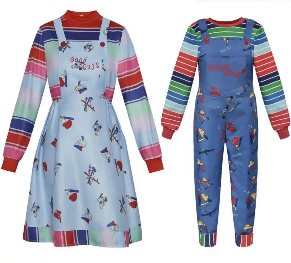 Horror Movie Doll Costume Adults Colorful Striped Top Overalls Dress Costume Retro Scary Toy Themed Outfit for Halloween Party
