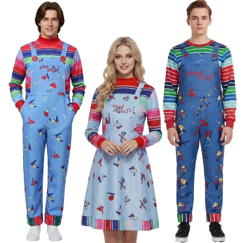 Horror Movie Doll Costume Adults Colorful Striped Top Overalls Dress Costume Retro Scary Toy Themed Outfit for Halloween Party