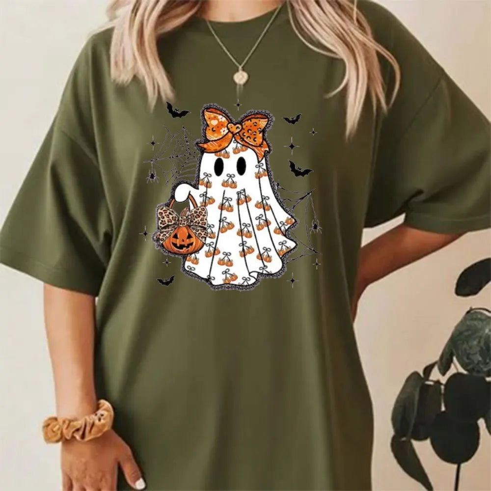Cute Ghost Halloween Shirt Pumpkin Bow Spooky Season Tee Fall Aesthetic Pumpkin T-Shirt Women Aesthetic Clothes Short-sleeve