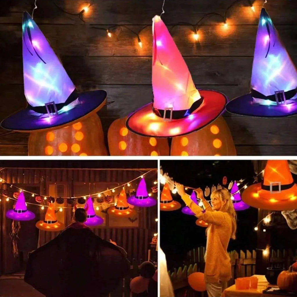 LED Halloween Flashing Light Witch Hat Starry Sky Ghost Festival Dress Up Glowing Elf Ghost Hat Lamp Home Decoration Hanging