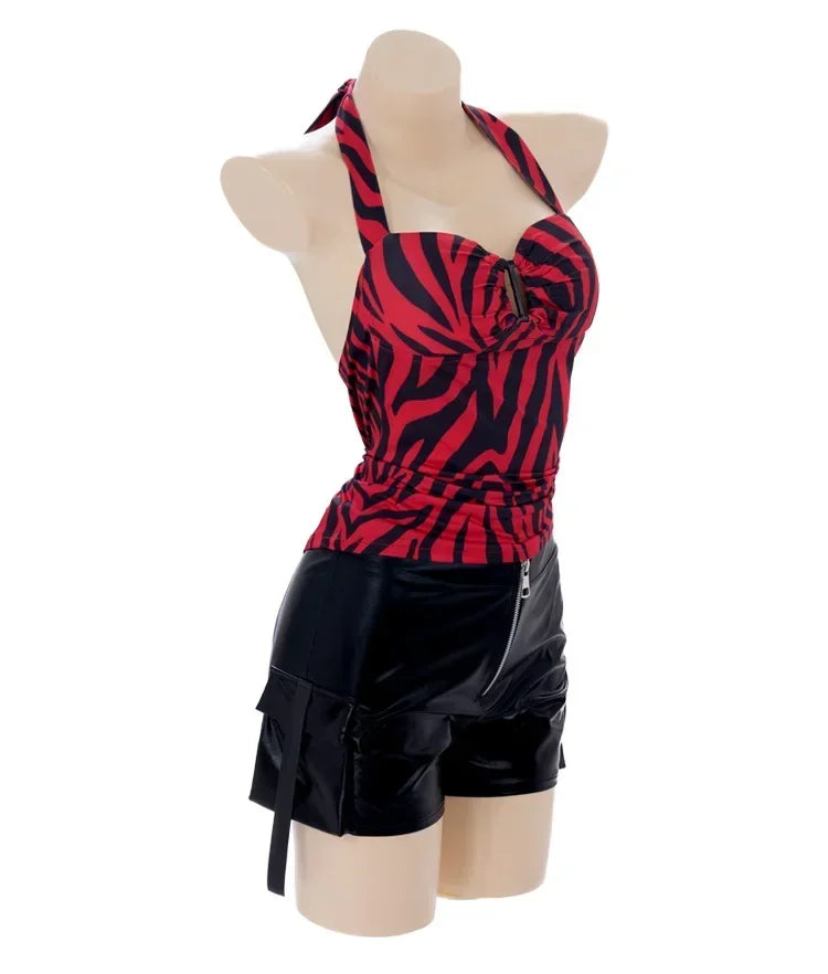 Obsession Nikki Bear Cosplay Costume Green Stripe Shirt Red Zebra Print Halter Top Shorts Halloween Couple Outfit For Carnival