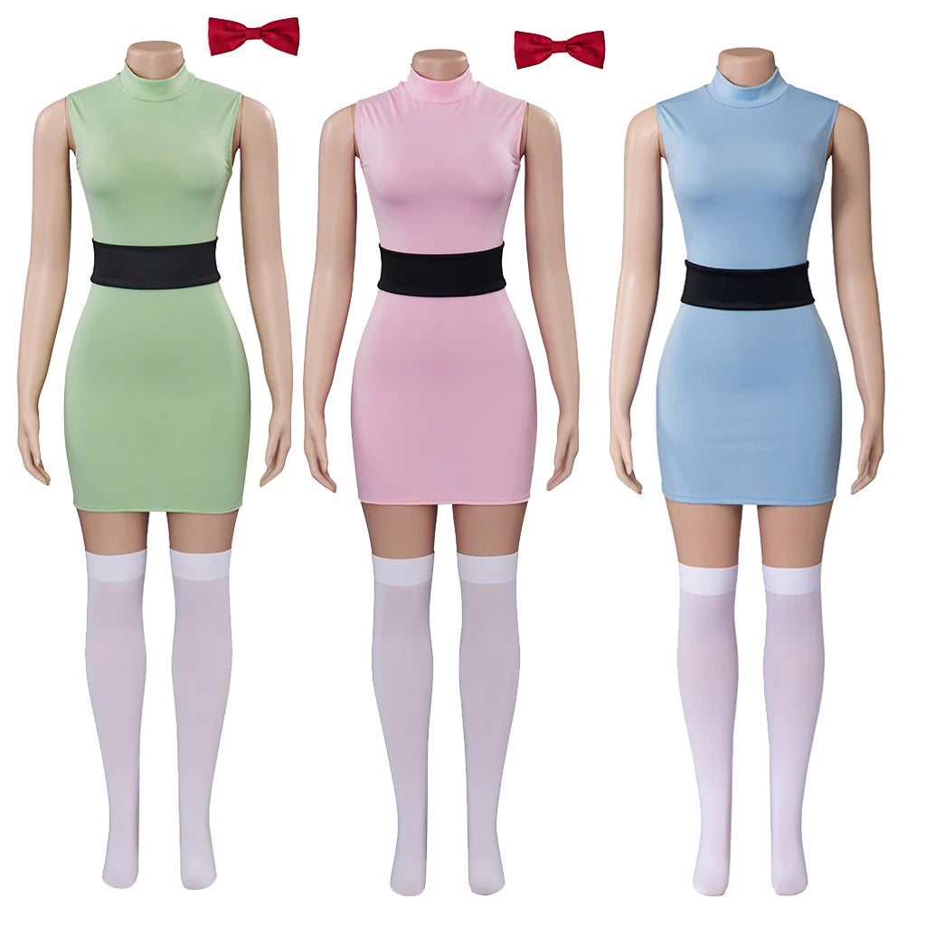 Anime Powerpuff Cosplay Girl Costume Dress Set Blossom Buttercup Bubbles Fancy Dress Halloween Party Women Fancy Dress