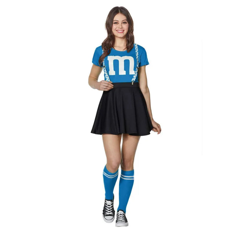 Women's M&M's Costume Adult M Halloween Team Costumes Womens T-shirt Black Skirt Stocking Set For Funny Party