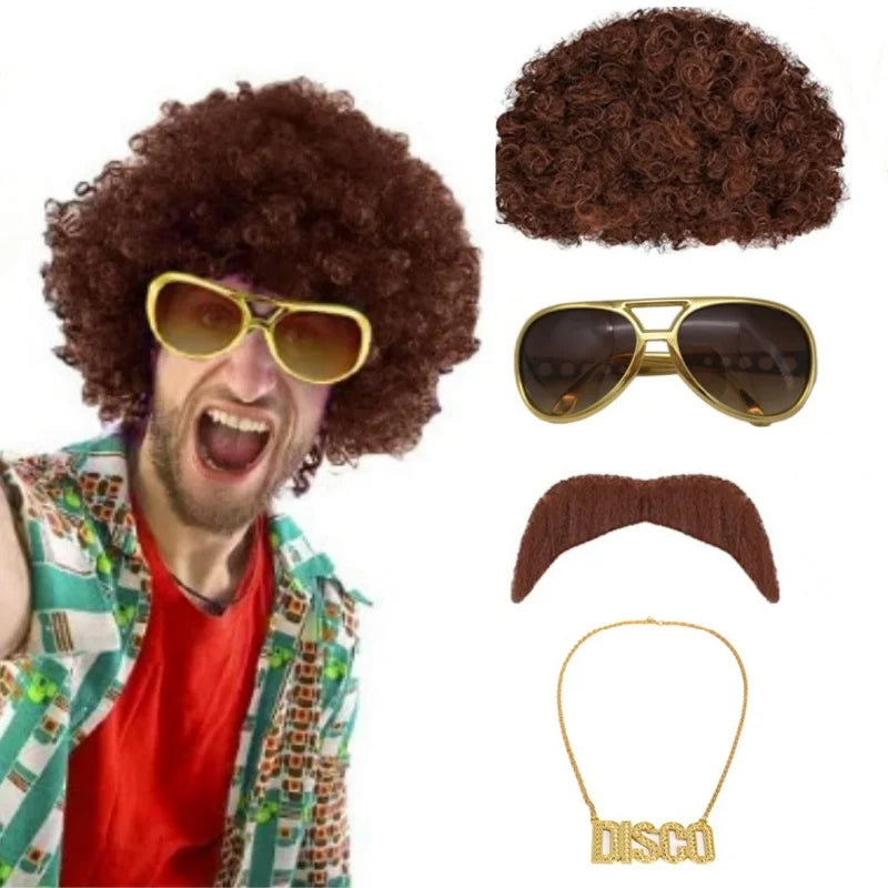 Costume Jewelry Set Synthetic Curly Hair Wigs Afro Wig Sunglasses Necklace For Adult Hip Hop Cosplay Party Accessories Hair Prop