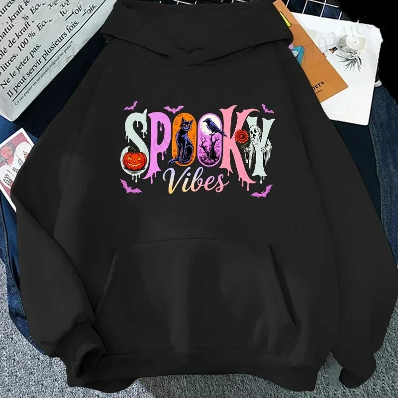 Spooky Vibes Halloween Design Men Women Hoodies Sweatshirt Pumpkin Black Cat Ghost Crow Bat Graphic Kawaii Hoodies Free Shipping