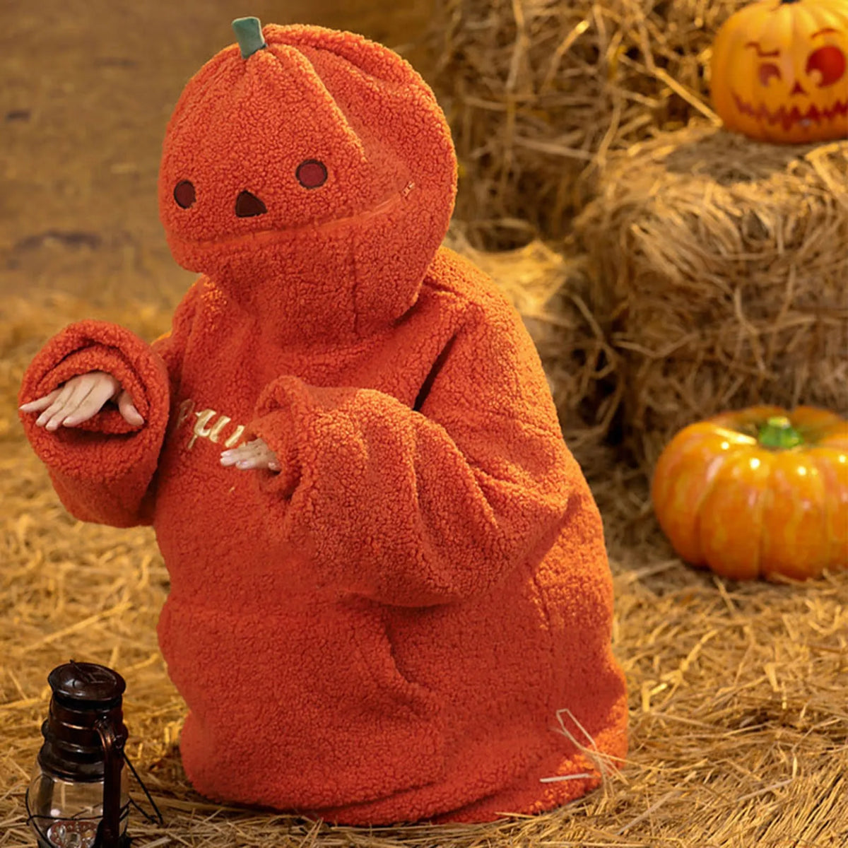 Women's Halloween Pumpkin Shaped Hoodie Autumn Round Neck Hooded Sweatshirt Double-Faced Fleece Cute Halloween Sweater Tops