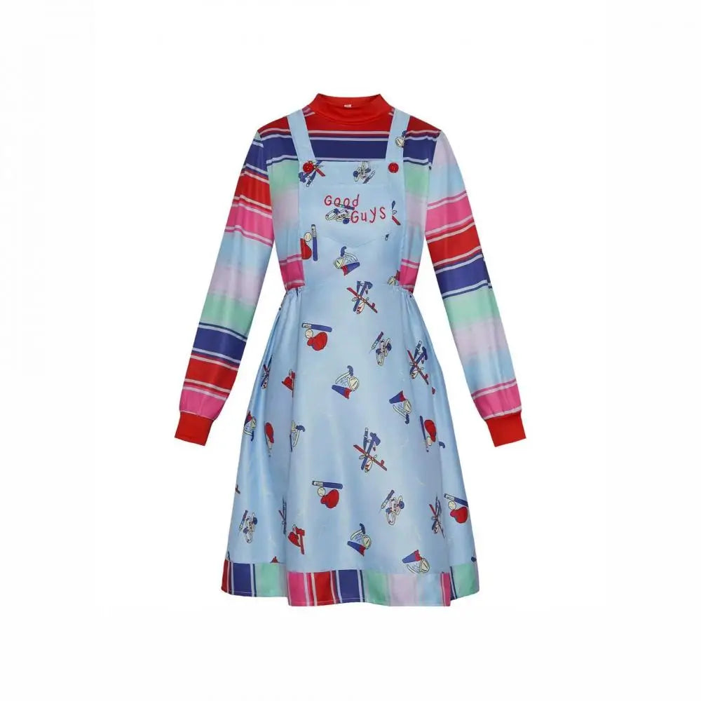 Horror Movie Doll Costume Adults Colorful Striped Top Overalls Dress Costume Retro Scary Toy Themed Outfit for Halloween Party