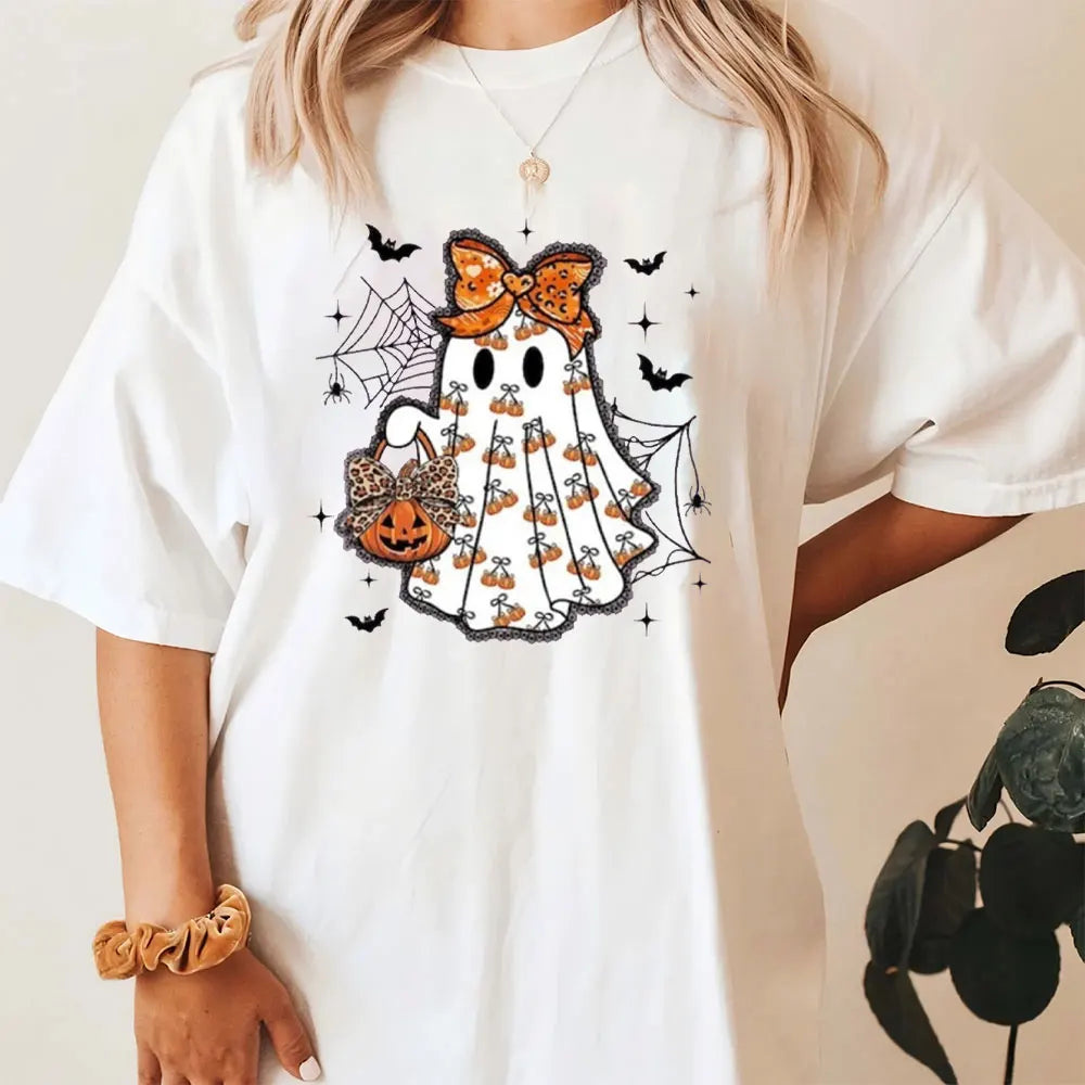 Cute Ghost Halloween Shirt Pumpkin Bow Spooky Season Tee Fall Aesthetic Pumpkin T-Shirt Women Aesthetic Clothes Short-sleeve